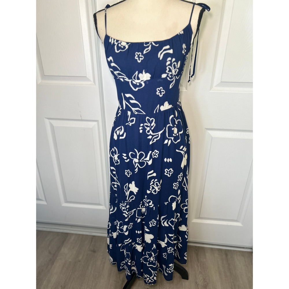 Reformation Midi Dress Floral Tie Strap 8 Navy Blue Tiered Smocked Back Viscose